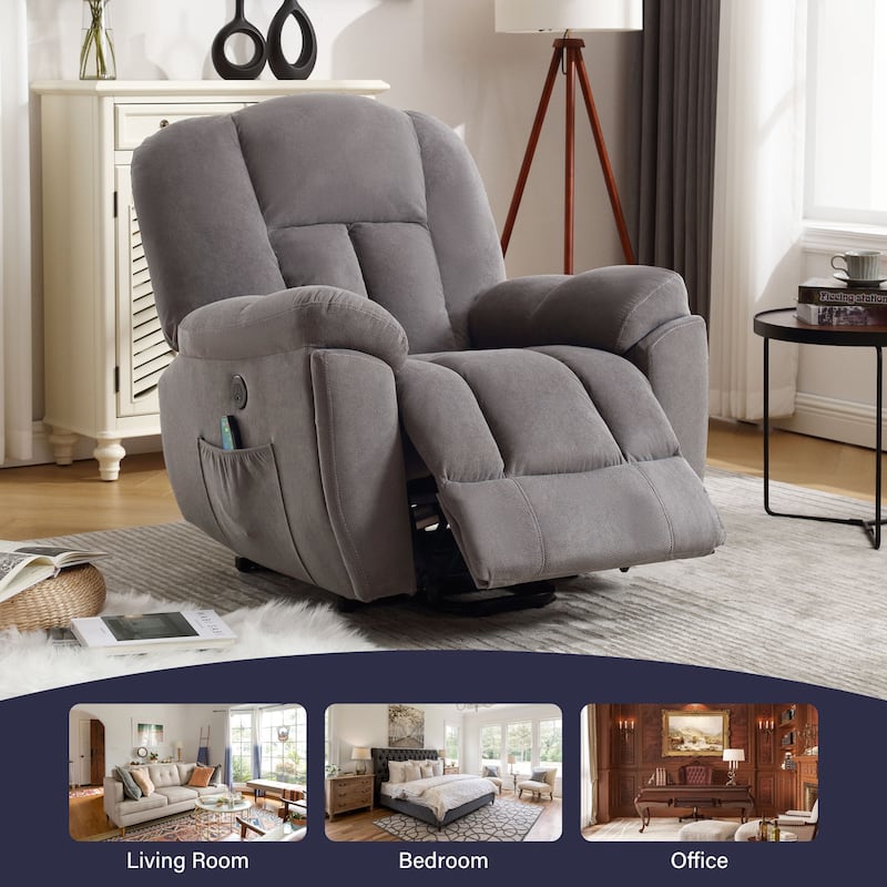 Grey Lift Recliner for Seniors with Heated Massage, USB Port, Side Pockets, and Durable Fabric Upholstery