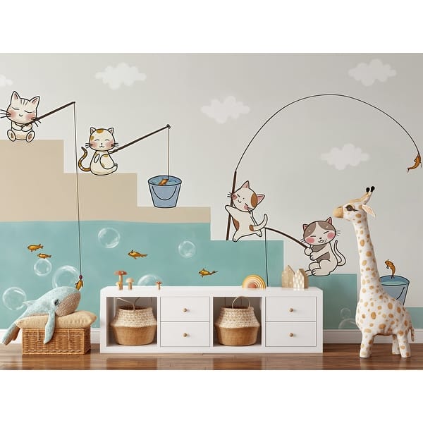 slide 2 of 5, GK Wall Design Cartoon Colorful Cats and Fish Nursery Removable Wallpaper