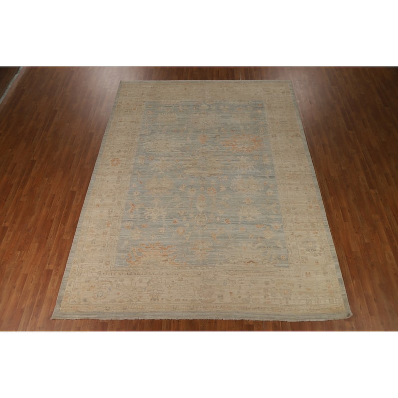 Vegetable Dye Blue Oushak Turkish Area Rug Hand-Knotted Wool Carpet - 9'0" x 11'10"
