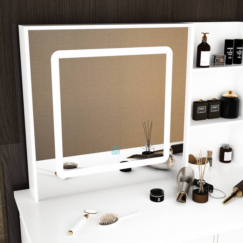 Makeup Vanity Set with Stool and 3 Color Touching Mirror Dresser Table - 39.4"W