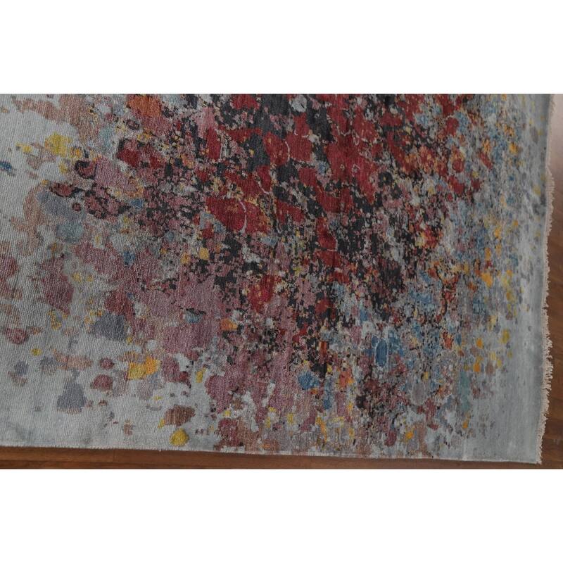 Hand Knotted Oriental 100% Silk Carpet Modern Floral Greys & Charcoal Abstract Area Rug - 10' 3'' X 8' 0''