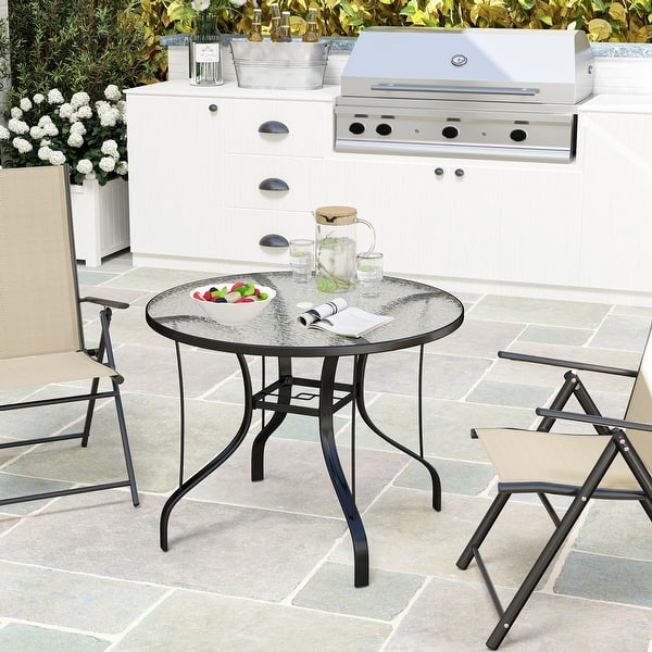 Outsunny 38" Round Patio Table with Umbrella Hole, Outdoor Dining Table Tempered Glass Metal Frame Bistro Table for Deck