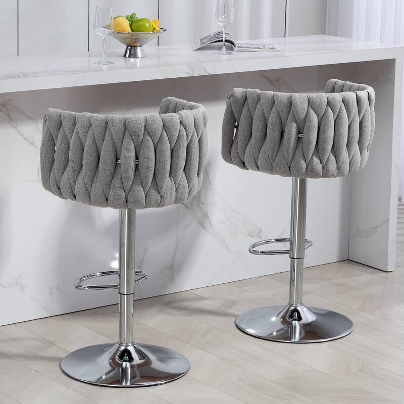 360°Velvet Swivel Bar Stools Set of 2, Adjustable Counter Height Bar Chairs with Woven Back & Footrest, chromed Bar Stools