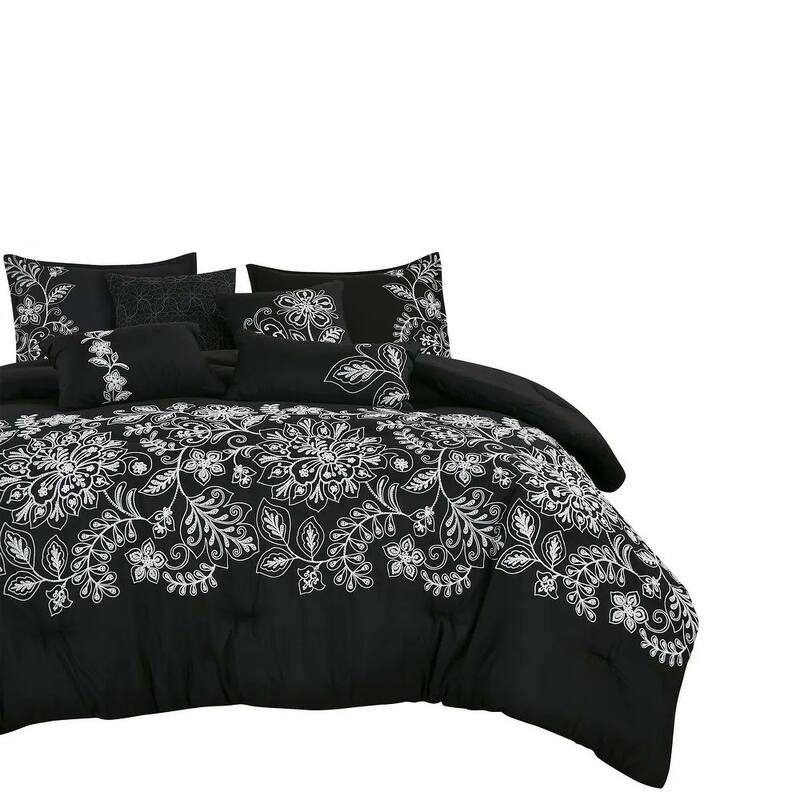 7 Piece Black Floral Comforter Set Embroidery Soft Bedding