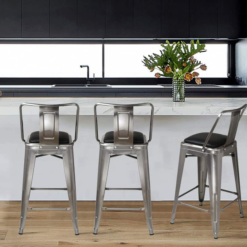 24" High Back Metal Stool with Leather Cushion-Set of 2