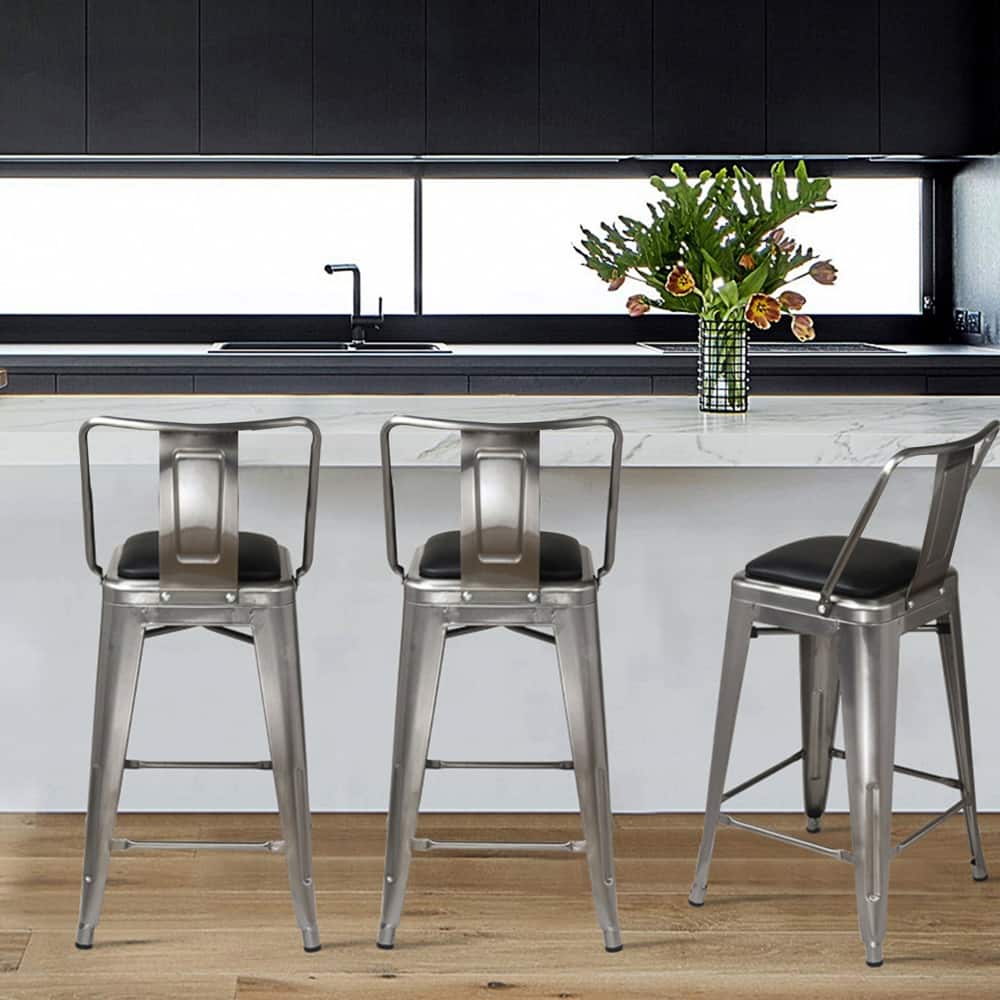 24" High Back Metal Stool with Leather Cushion-Set of 2