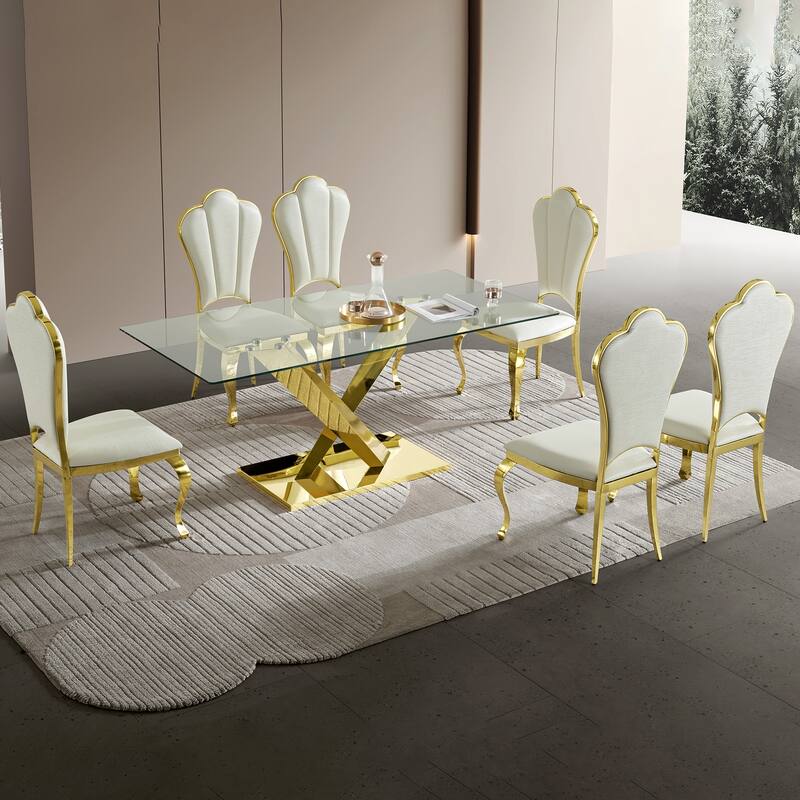 Gold stainless steel dining table 70.08 inch clear tempered glass top