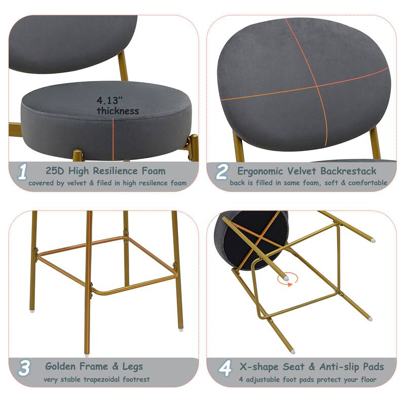 Velvet Upholstered Bar Stools Set of 2, Round Counter Stools with ergonomic Backrest, Breakfast Bar Chairs with Metal Legs