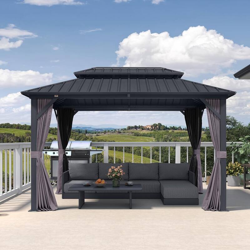 PURPLE LEAF Gazebo Grey Outdoor with Dual-Layer Galvanized Steel Double Roof Aluminum Gazebo with Netting and Curtains - 08' x 12' - Grey