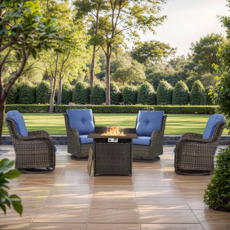 Pocassy Fire Pit Table with Sofa Swivel Chairs Set - Brown Wicker Blue Cushion - 5 Pieces Swivel Chair with Fire Table