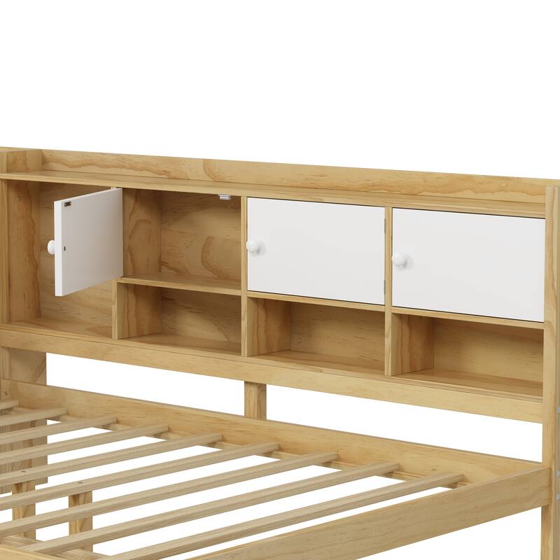 L-Shape Storage Headboard Daybed Sofa Bed, Wooden Panel Bed Frame with Study Desk and 2 Storage Drawers