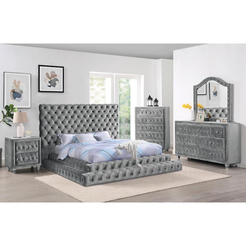 Furniture of America Allenhurst Glam Tufted Fabric Low Profile Platform Bed