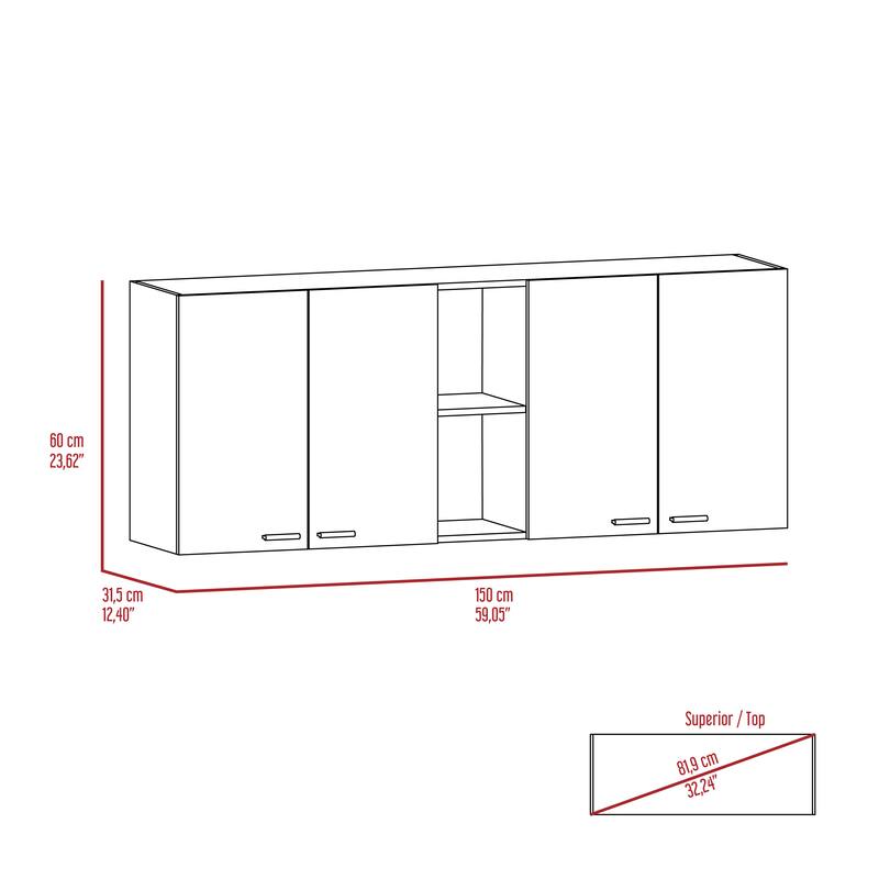 TUHOME Portofino 150 Wall Cabinet with 2 Double Doors, Dish Rack, 2 Open Shelves, and 2 Inner Shelves - N/A