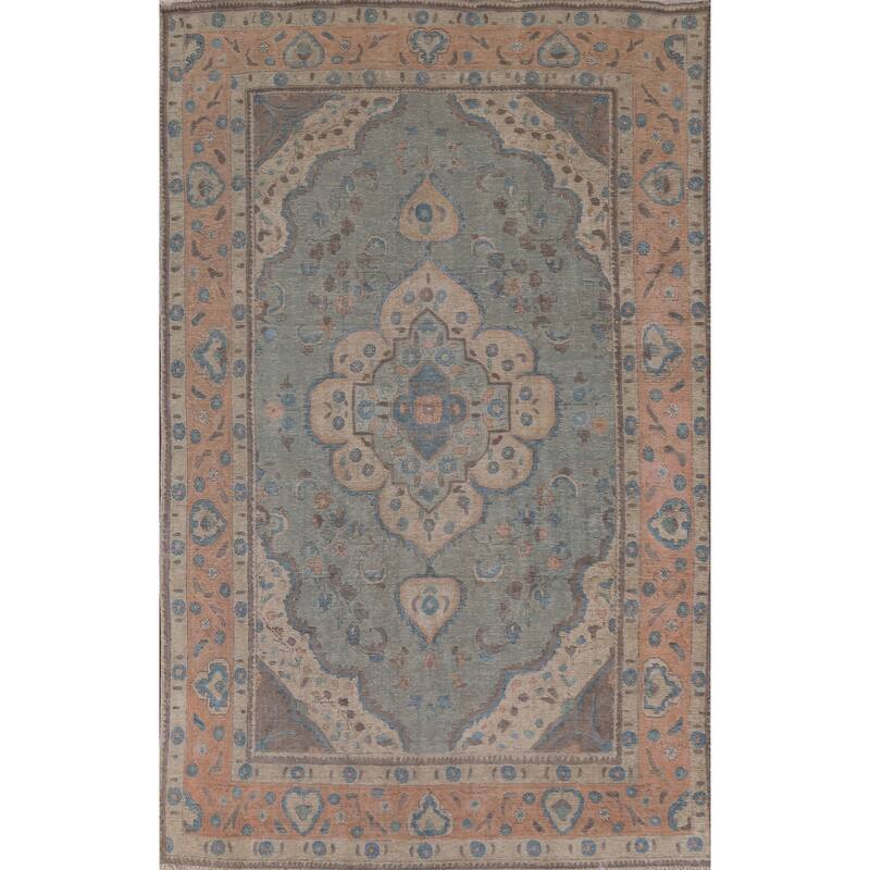 Hand Knotted Oriental 100% Wool Carpet Traditional Medallion Greys & Charcoal Tabriz Area Rug - 9' 6'' X 6' 2''