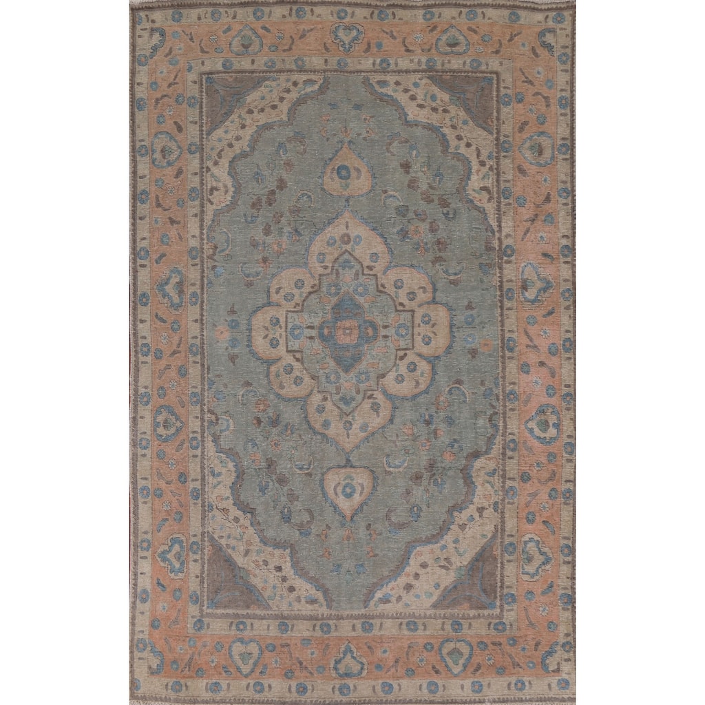 Hand Knotted Oriental 100% Wool Carpet Traditional Medallion Greys & Charcoal Tabriz Area Rug - 9' 6'' X 6' 2''