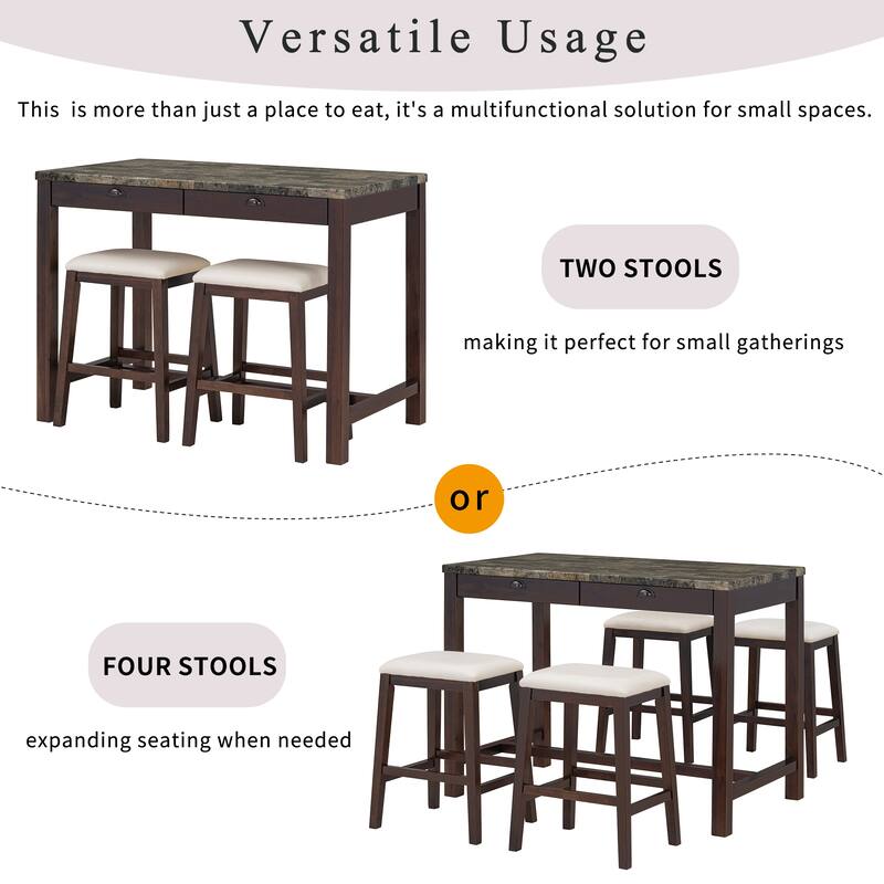Modern Faux Marble Bar Table Set with Storage & Stools