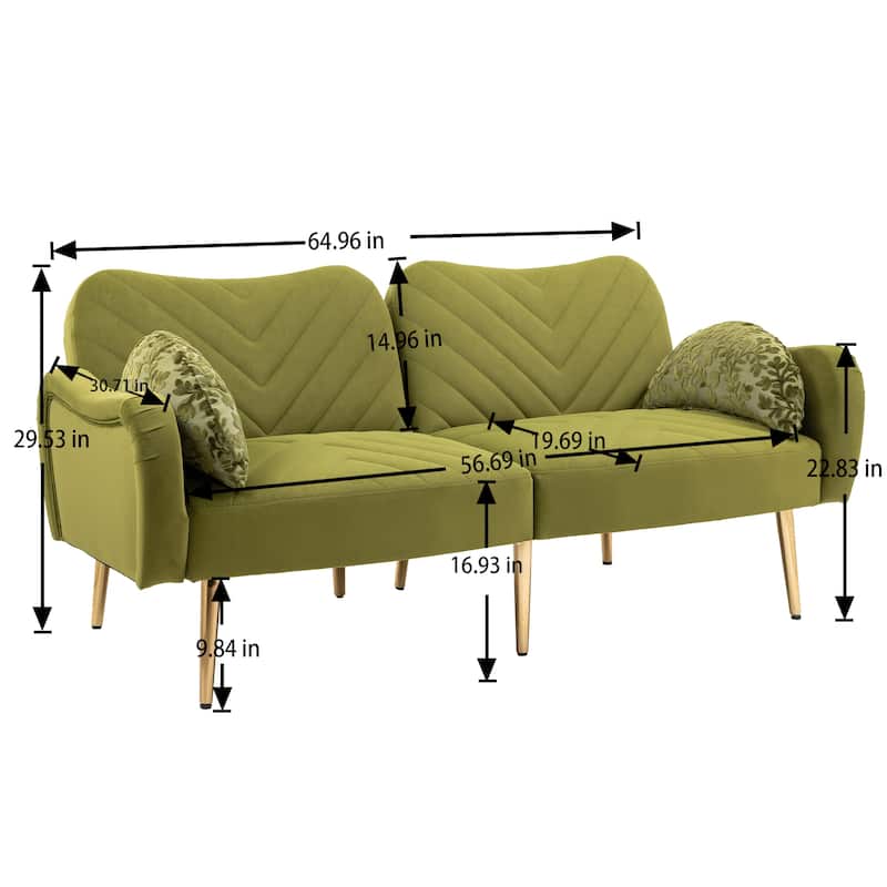 Mid Century Modern Velvet Loveseats Sofa with 2 Bolster Pillows，65 Inch ...