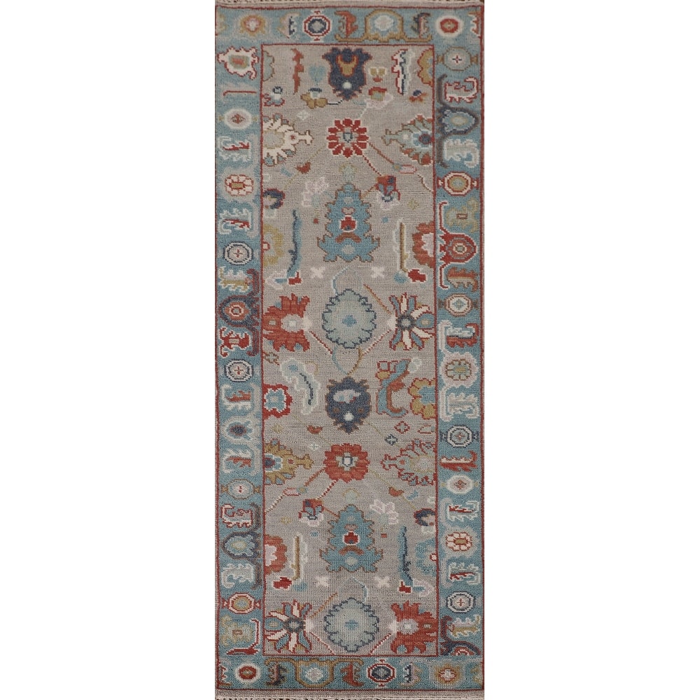 Floral Gray Oushak Oriental Runner Rug Handmade Wool Carpet - 2'7"x 7'11"