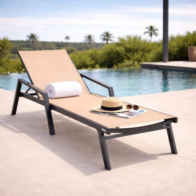 Marlin Outdoor Stackable Mesh Sun Chaise Lounge Chair with Arms and Adjustable Backrest for Pool, Beach, Patio, and Garden