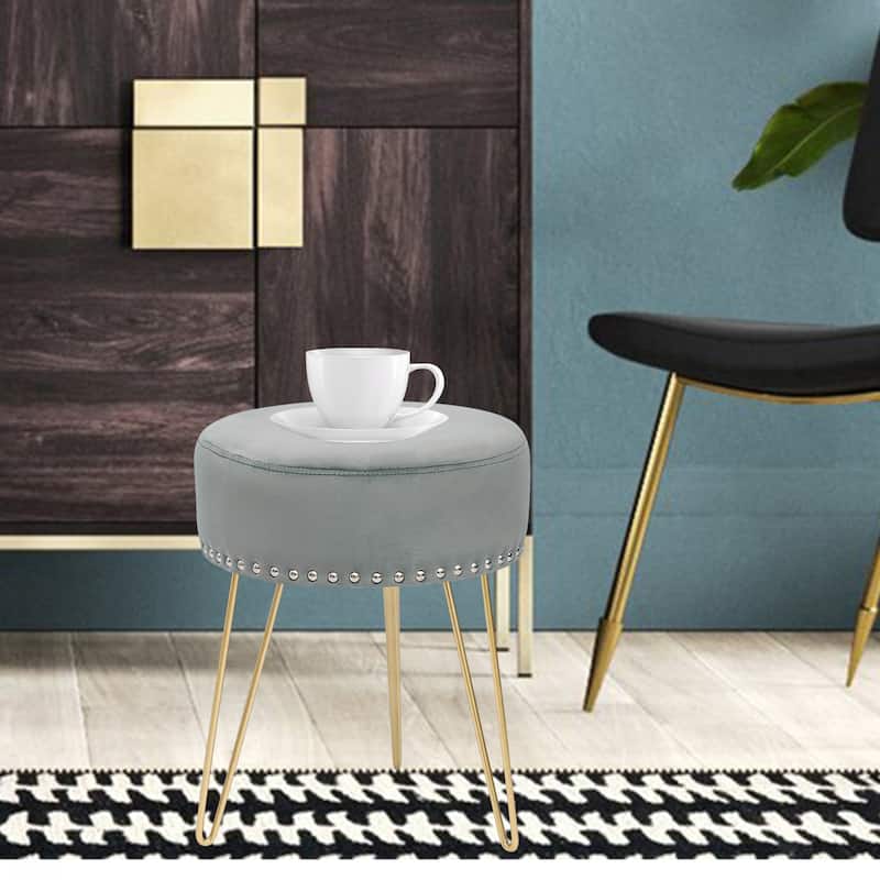 Adeco Footstool Round Ottoman Velvet Dressing Stool Gold Metal Legs