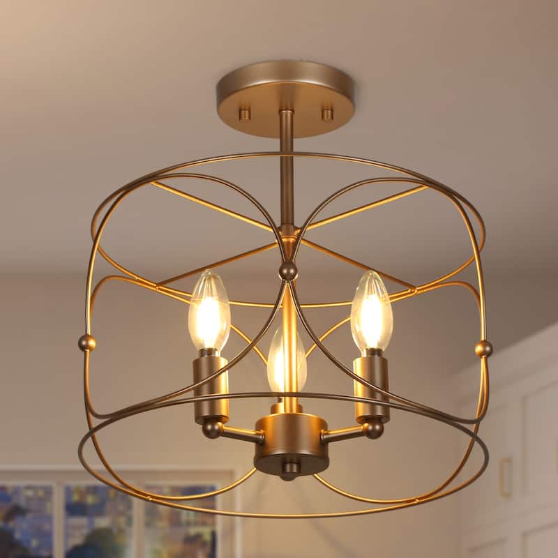 Clarise Modern Farmhouse Lantern Drum Semi-flush Mount Lights Chandelier Open Ceiling Light - D13'' x H13'' - D13'' x H13'' - Gold