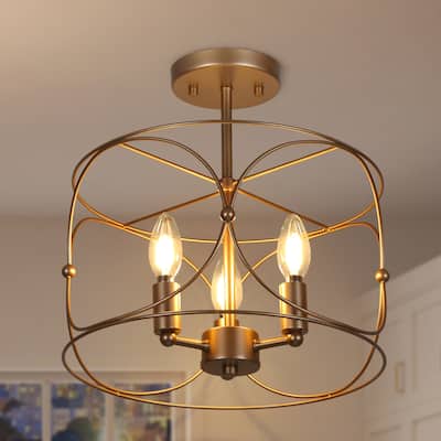 Clarise Modern Farmhouse Lantern Drum Semi-flush Mount Lights Chandelier Open Ceiling Light - D13'' x H13''