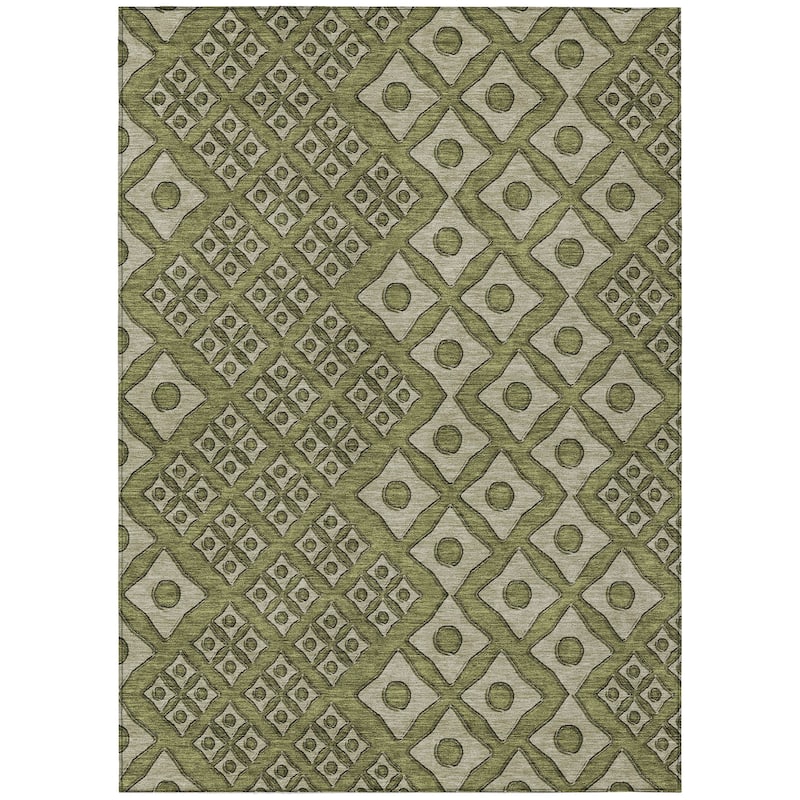 Olive Green And Gray Geometric Washable Indoor Outdoor Area Rug - 3' x 5'