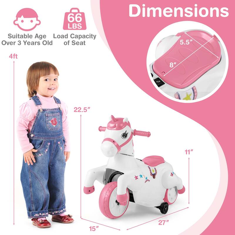Costway 12V Kids Ride on Unicorn Toy with Training Wheels Music - See Details