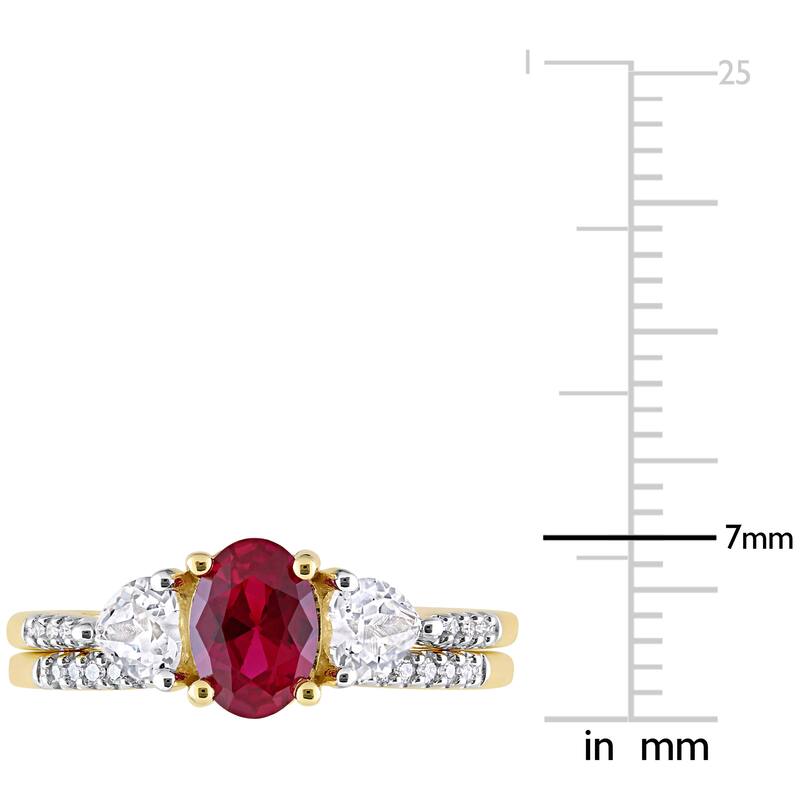 Miadora 10k Yellow Gold Created Ruby White Sapphire & 1/10ct TDW Diamond 3-Stone Bridal Ring Set