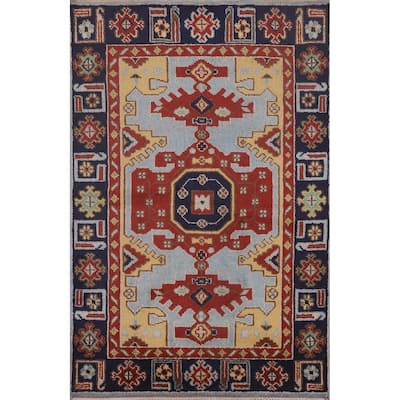 Blue Geometric Kazak Oriental Foyer Rug Handmade Wool Carpet - 4'0"x 5'10"