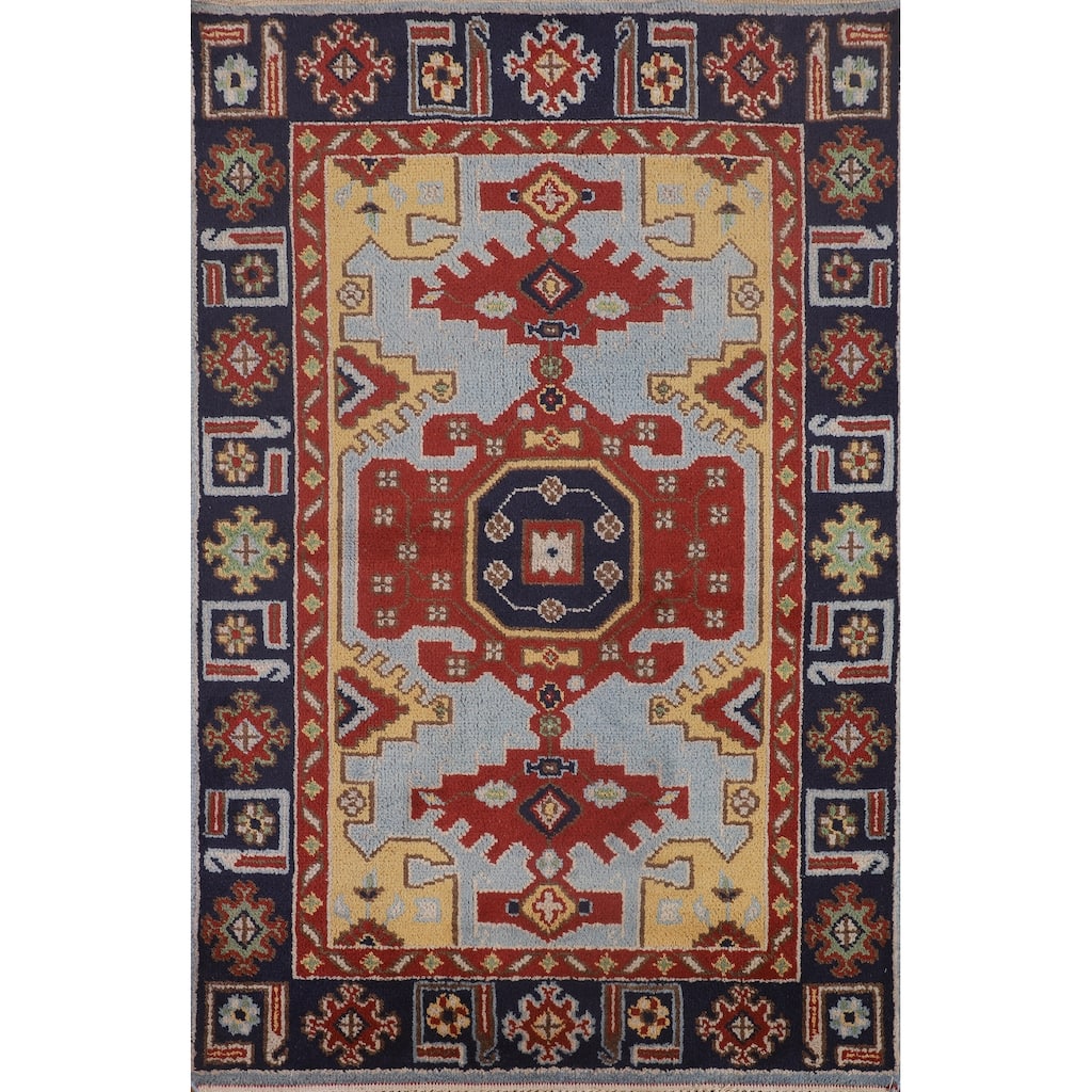Blue Geometric Kazak Oriental Foyer Rug Handmade Wool Carpet - 4'0"x 5'10"