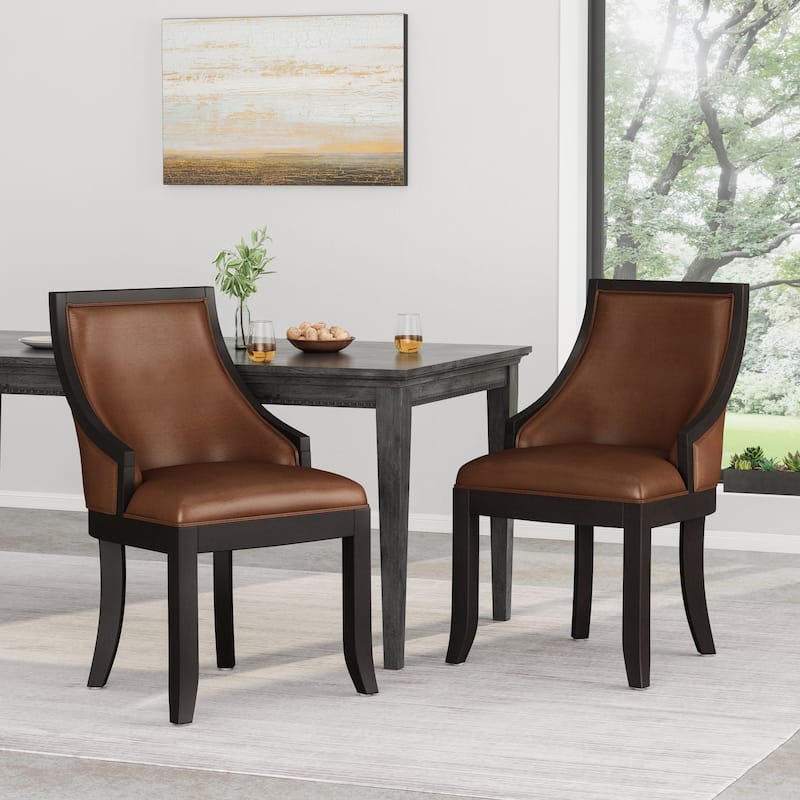 Thurber Upholstered Birch Wood Dining Chairs (Set of 2) by Christopher Knight Home - Walnut/ Cognac/ Faux Leather
