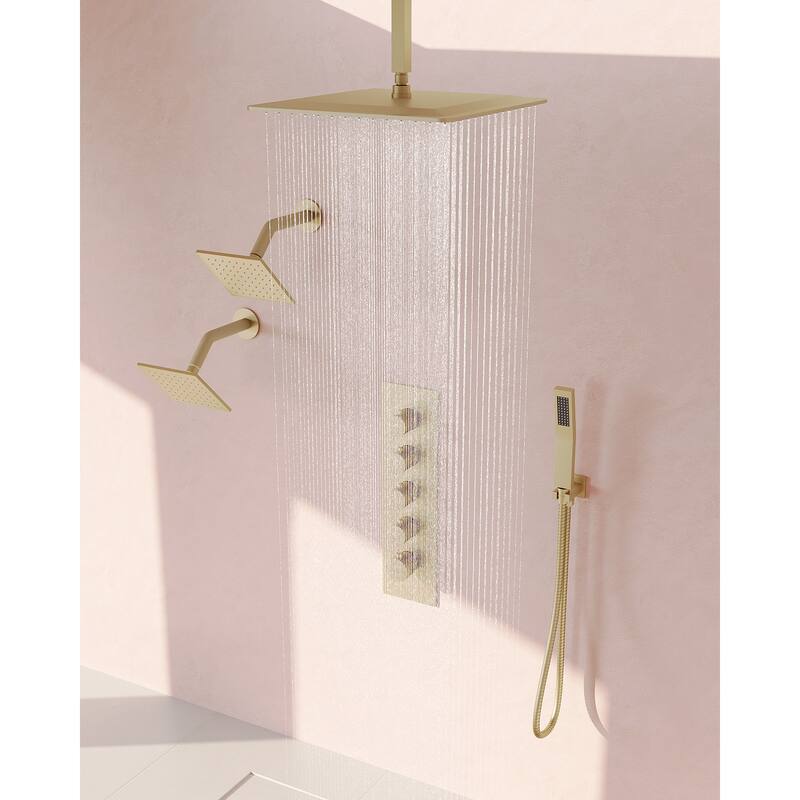 GRANDJOY High Pressure Shower Faucet System 16" Ceiling and dual 6" Wall Mounted Shower Head Combo Handheld Shower Spray - Brushed Gold
