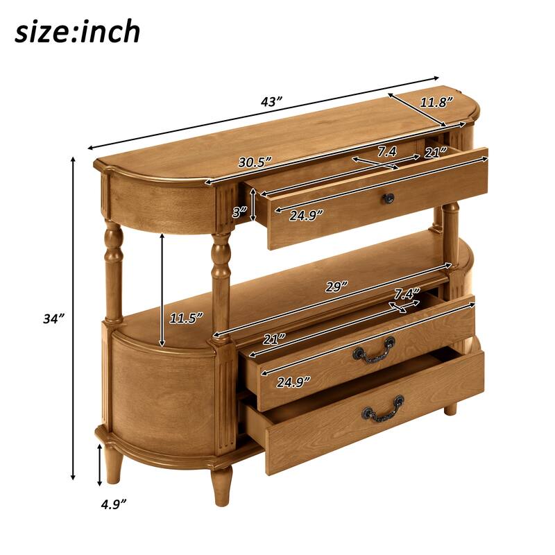 Anmytek 43 Inch Retro Curved Wood Console Table Solid Wood Legs 3 Drawers Storage Shelf Entryway Sofa Table