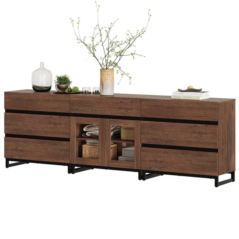 WAMPAT 3 in 1 Sideboard Buffet Cabinets with Glass Doors and 7 Drawers, Coffee Bar Cabinet Storage Cabinet for Kitchen