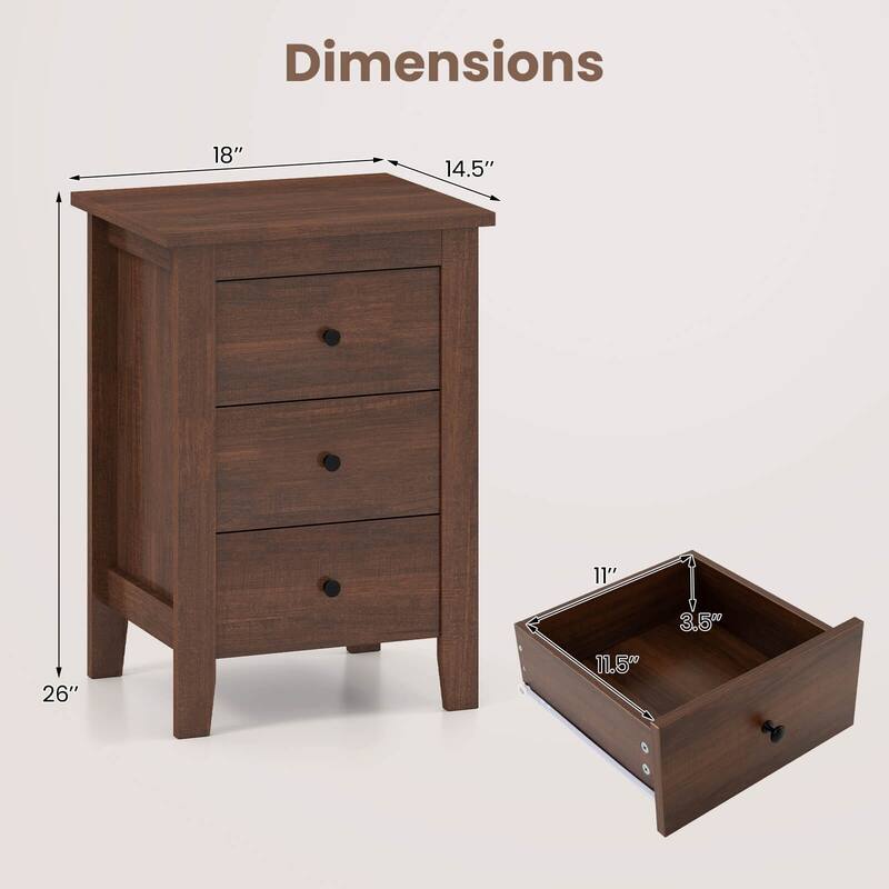 Costway 1PC/2PCS Nightstand End Beside Sofa Table w/ 3 Drawers Bedroom
