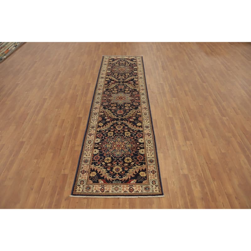 Hand Knotted Oriental 100% Wool Carpet Traditional Floral Navy Blue & Blues Ziegler Runner Rug - 11' 6'' X 3' 0''