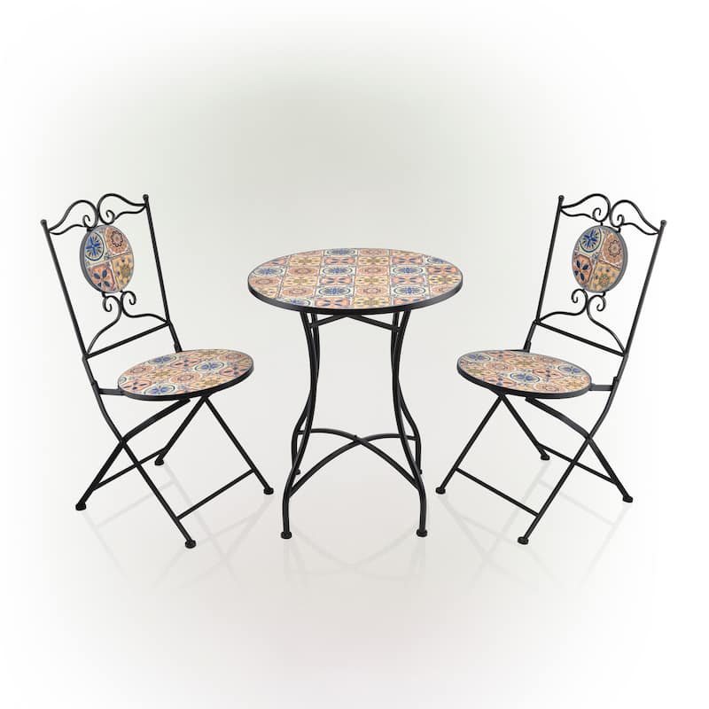 Alpine Corporation Indoor/Outdoor Mediterranean Tile Design Set Table and Chairs Patio Seating