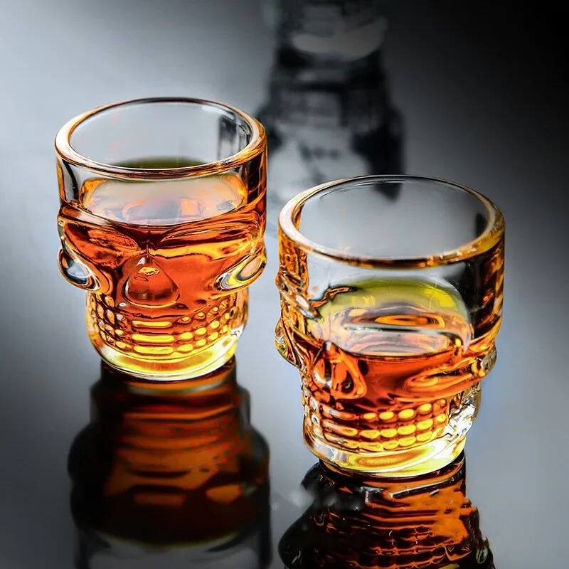 Skull-Shaped Shot Glasses Set of 6, 1.75oz - Glass Novelty Drinkware for Halloween, Parties, and Barware
