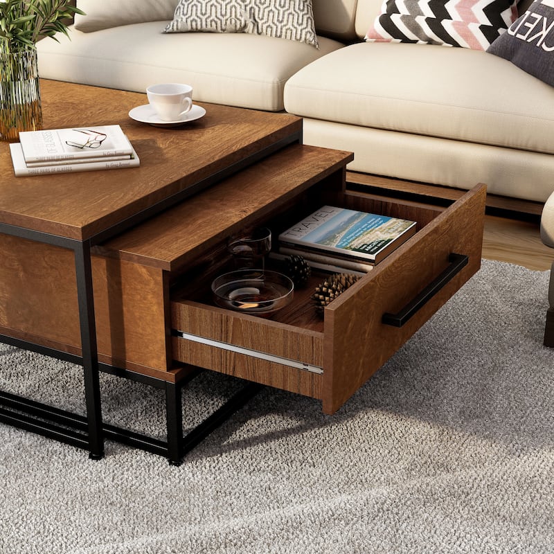 Saxon Rustic Brown Square 2-Piece Solid Wood Coffee Nesting Tables with 1-Drawer by Furniture of America