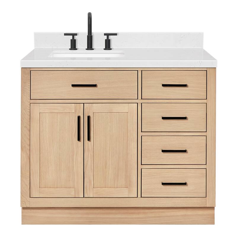 Ariel T042SLCQRVO Hepburn 43" Free Standing Single Basin Vanity Set - Oak / Carrara White Quartz Top / Matte Black