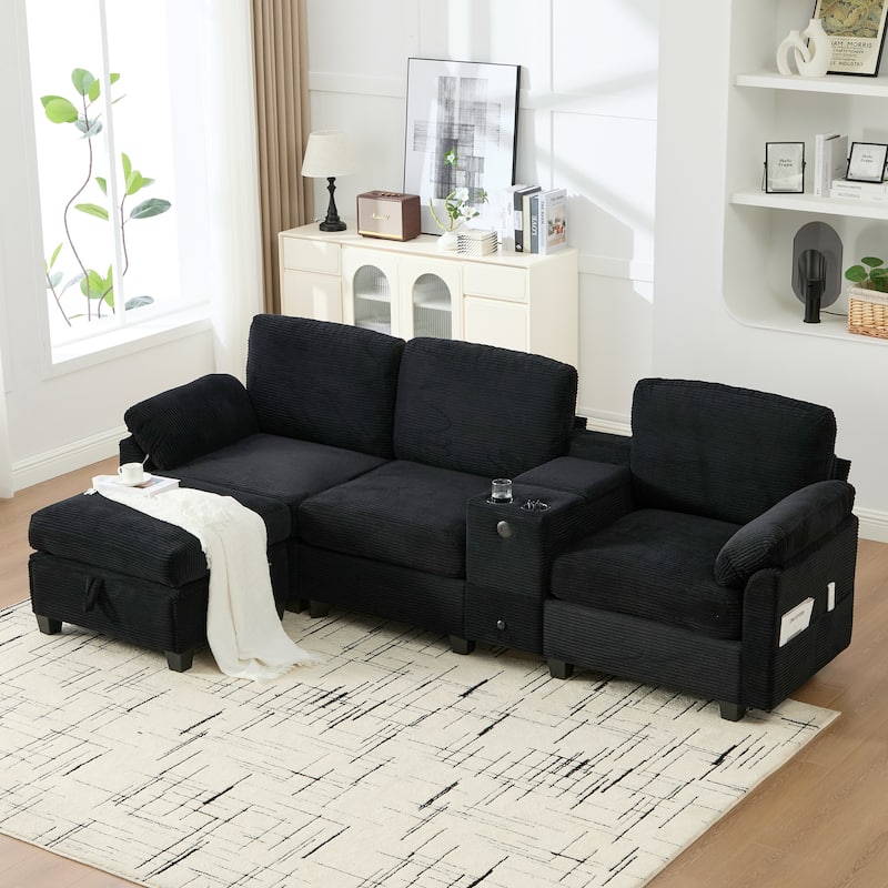 HOMEFUN Corduroy Upholstered L-Shaped 4-seater Storage Multifunctional Sectional Sofa with Storage Ottoman,Cup Holder and USB - Black
