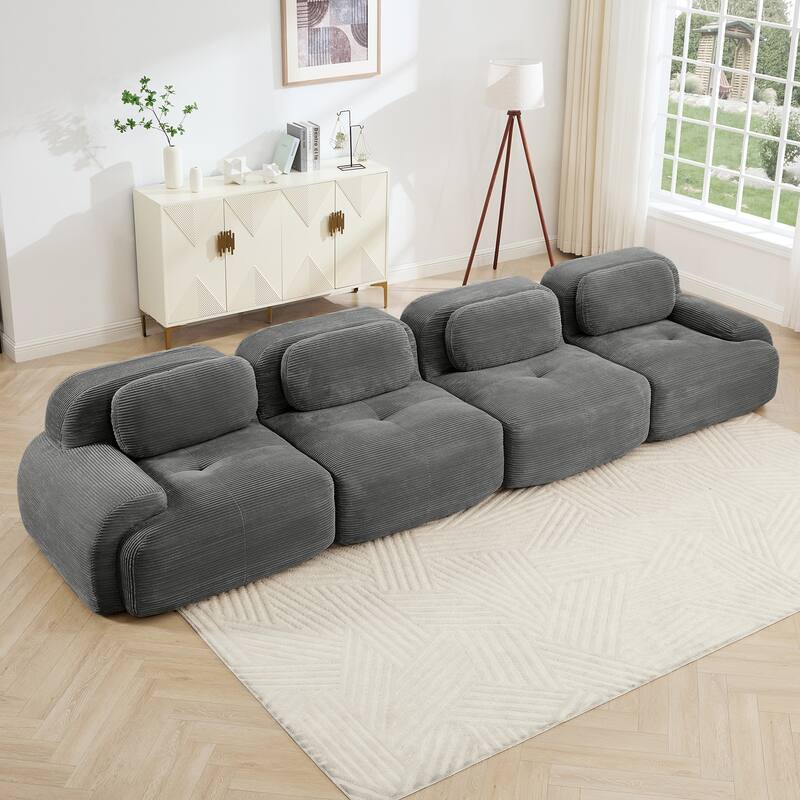 Rossetta 4-Seat Modern Simplified Anti-Slip Style Premium Corduroy Fabric Modular Sofa with Curved Armrests - Grey