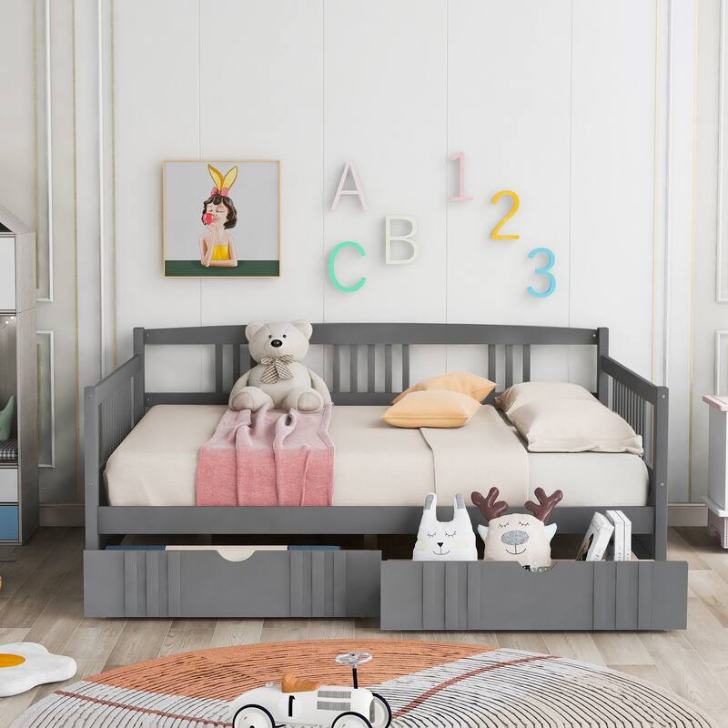Daybed with Two Drawers, Solid Wood Frame, Guardrails, No Box Spring Needed - Gray - Full