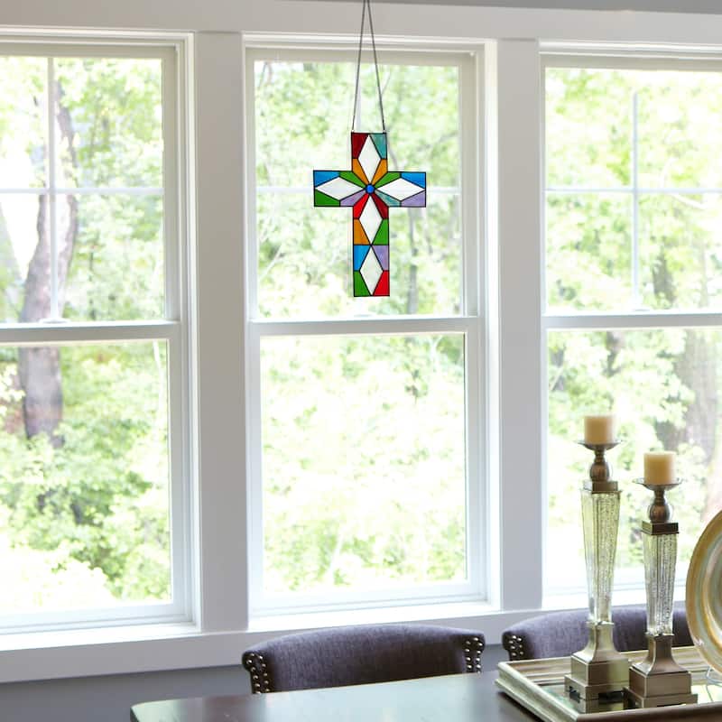 River of Goods 15-Inch Multicolor Cross Stained Glass Window Panel - 10" x 0.25" x 15"