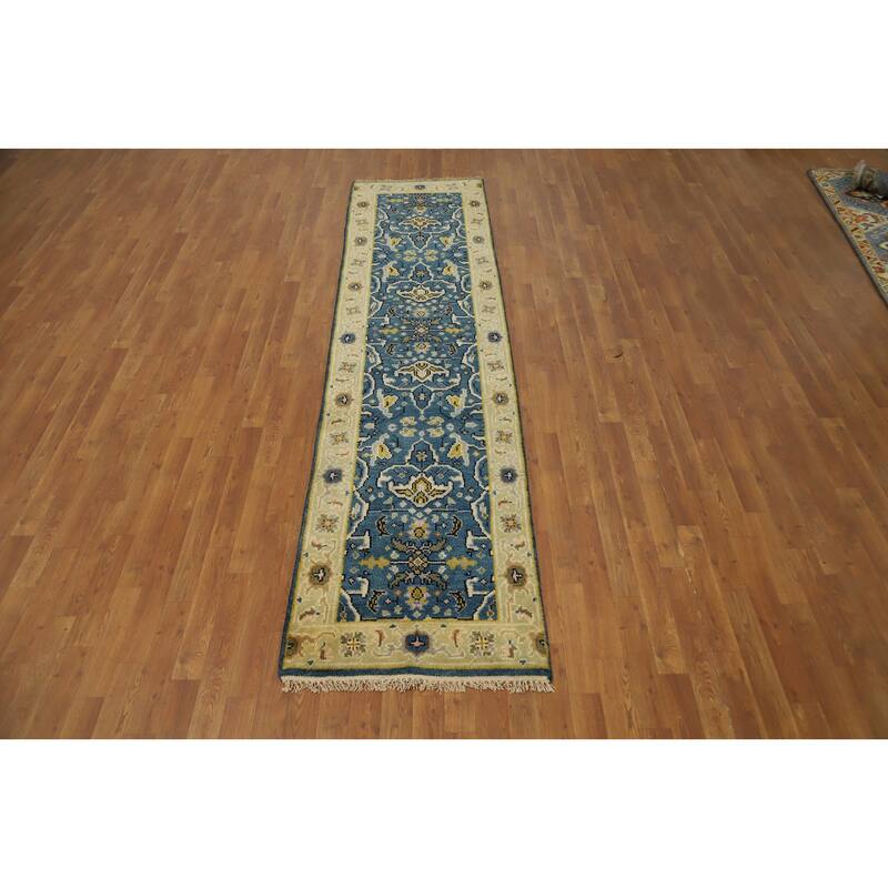 Hand Knotted Oriental 100% Wool Carpet Transitional All-Over Navy Blue & Blues Oushak Runner Rug - 9' 11'' X 2' 5''