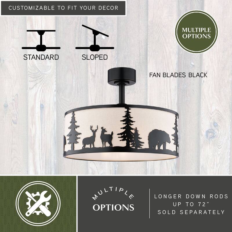 Acadia 20 in. Bronze Rustic Fandelier Ceiling Fan with Black Blades, LED Light Kit and Remote, Wildlife White Linen Drum Shade
