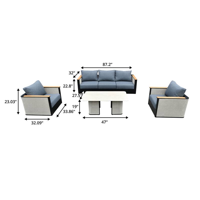 Arvin 4-Piece Outdoor Patio Conversation Set in Aluminum with Olefin Fabric Cushions Sintered Stone Rectangular Coffee Table