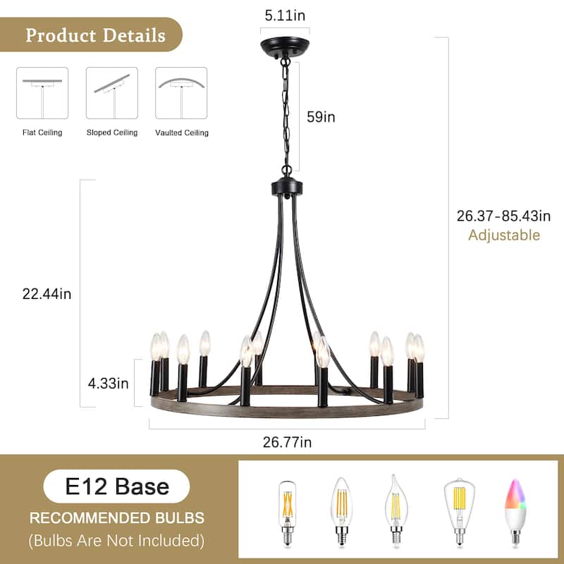12-Light 26.77-inch Vintage Rustic Wagon Wheel Chandelier for Kitchen