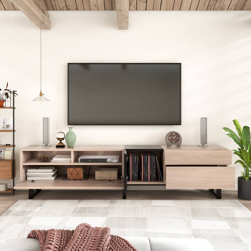 Modern TV Stand, for TVs Up to 80 Inches with Open Shelving, 2 Drawers and Drop-Down Door, for Living Rooms